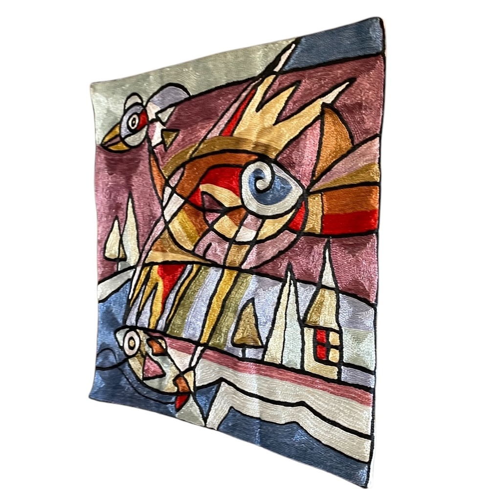 NEW Hand Embroidered Abstract Chainstitch Multicolor Cotton/ Wool Cushion Cover